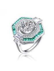 Sterling Silver White Gold Plated With Baguette And Round Cubic Zirconia Modern Ring - Emerald Green