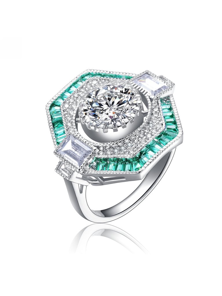Sterling Silver White Gold Plated With Baguette And Round Cubic Zirconia Modern Ring - Emerald Green