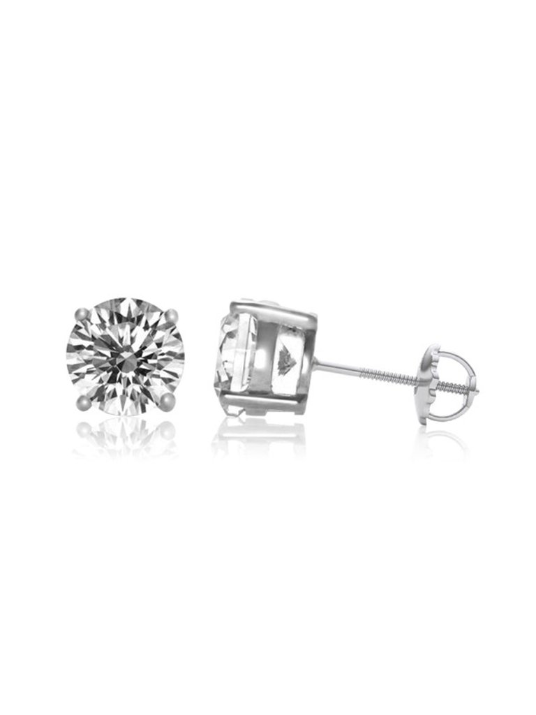 Sterling Silver White Gold Plated With Clear Cubic Zirconia Solitaire Screw Back Stud Earrings - Silver