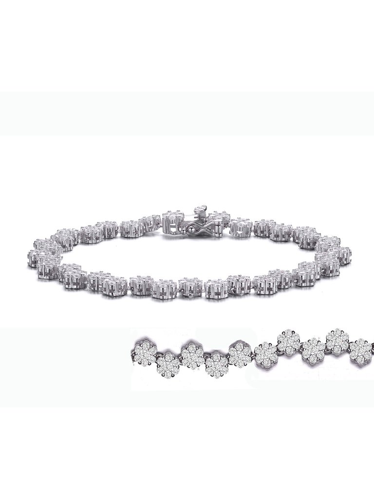 Sterling Silver White Gold Plated with Clear Round Cubic Zirconia Cluster Flower Link Bracelet - White