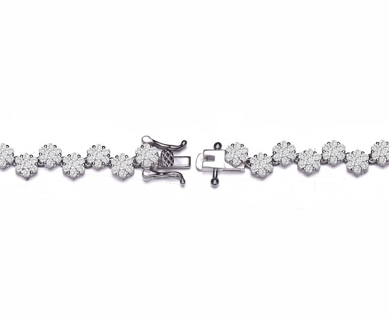 Sterling Silver White Gold Plated with Clear Round Cubic Zirconia Cluster Flower Link Bracelet