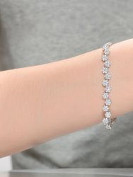 Sterling Silver White Gold Plated with Clear Round Cubic Zirconia Cluster Flower Link Bracelet