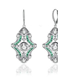 Sterling Silver White Gold Plated With Colored Cubic Zirconia Art Deco Lever Back Earrings - Emerald