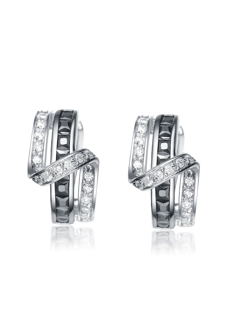 Sterling Silver White Gold Plated with Colored Cubic Zirconia Zig-Zag Designed Omega Clasp Half Hoop Earrings - Black
