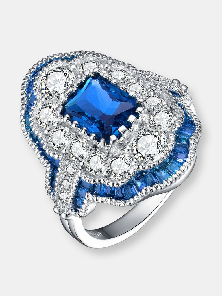 Sterling Silver White Gold Plated with Radiant and Baguette Colored Cubic Zirconia Cocktail Ring - Sapphire - Sapphire