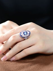 Sterling Silver White Gold Plated with Radiant and Baguette Colored Cubic Zirconia Cocktail Ring - Sapphire