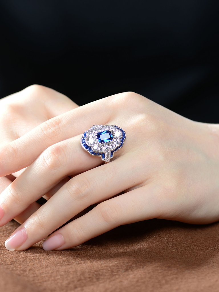 Sterling Silver White Gold Plated with Radiant and Baguette Colored Cubic Zirconia Cocktail Ring - Sapphire