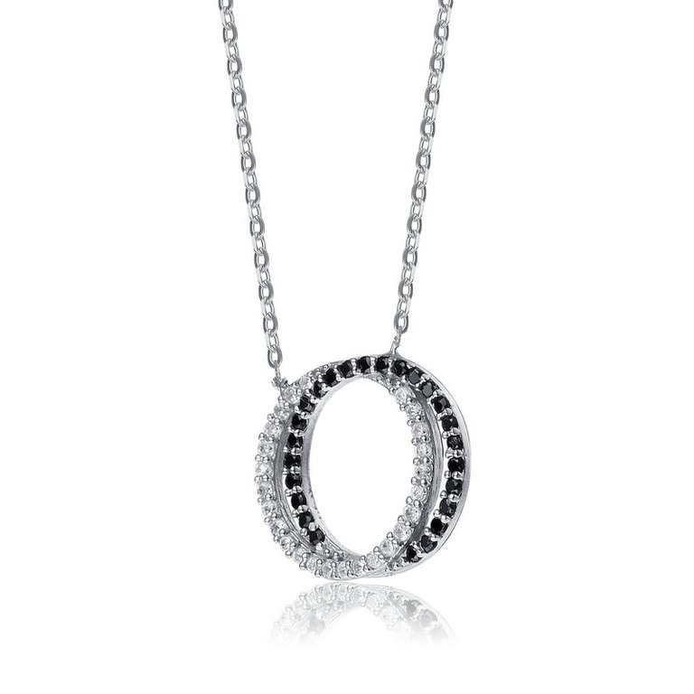 Sterling Silver White Gold Plating With Clear And Black Cubic Zirconia Double Outlined Circle Necklace