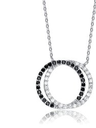 Sterling Silver White Gold Plating With Clear And Black Cubic Zirconia Double Outlined Circle Necklace - White Gold