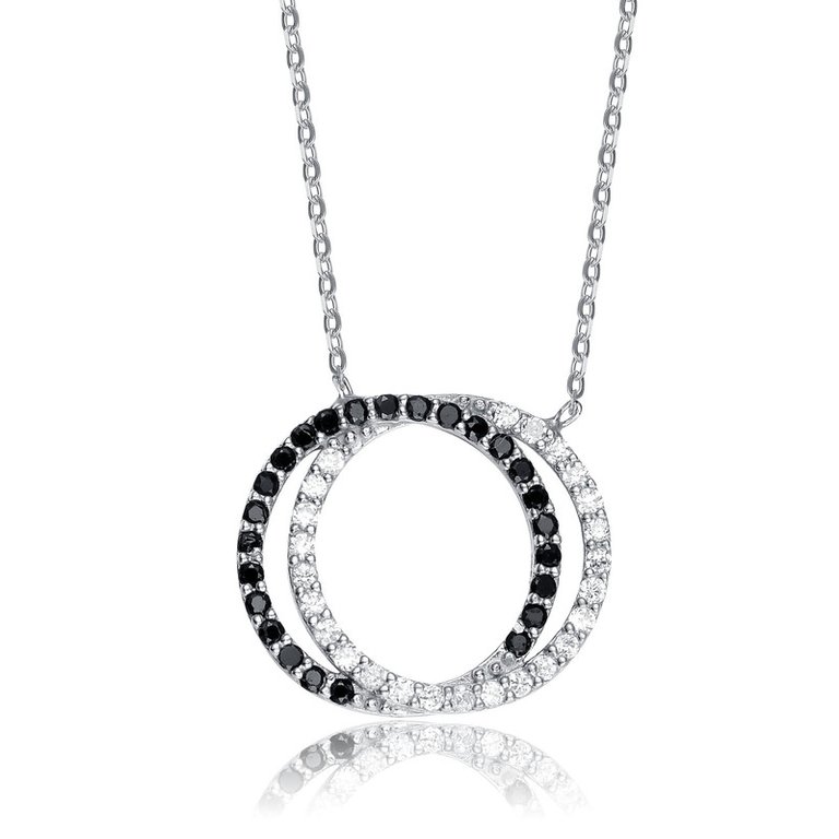 Sterling Silver White Gold Plating With Clear And Black Cubic Zirconia Double Outlined Circle Necklace - White Gold