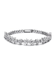 Sterling Silver White Gold Plating With Clear Round and Marquise Cubic Zirconia Cluster Flower-Inspired Tennis Bracelet - White