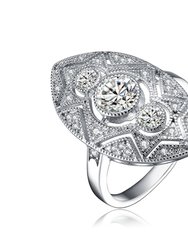 Sterling Silver White Gold Plating with Clear Round Cubic Zirconia Filigree Ring - White
