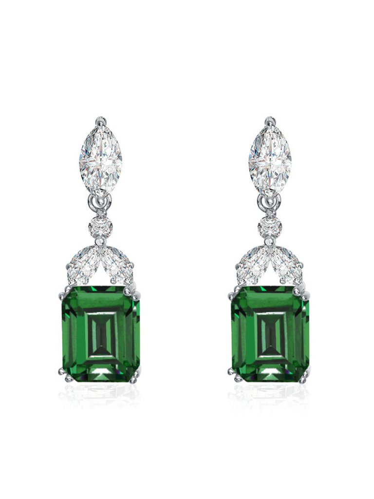 Sterling Silver White Gold Plating With Colored Cubic Zirconia Drop Earrings - Emerald