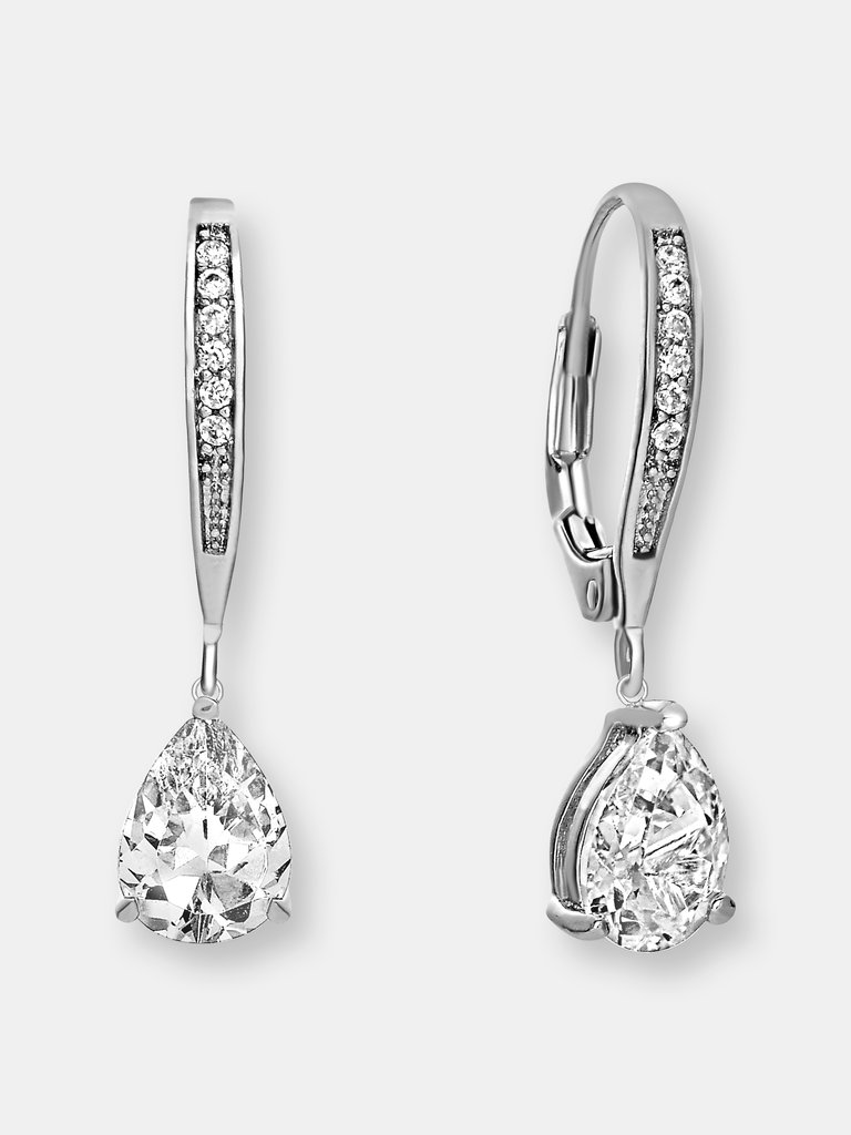 Sterling Silver White Gold Plating with Colored Cubic Zirconia Teardrop Earrings - Silver