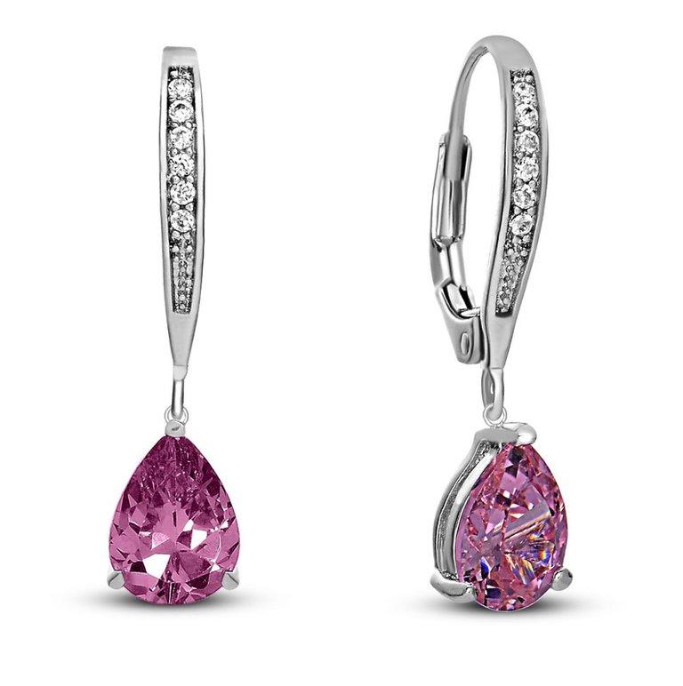 Sterling Silver White Gold Plating with Colored Cubic Zirconia Teardrop Earrings - Pink