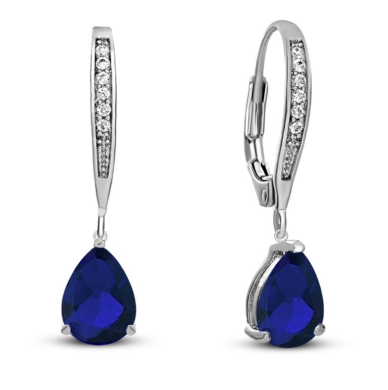 Sterling Silver White Gold Plating with Colored Cubic Zirconia Teardrop Earrings - Blue