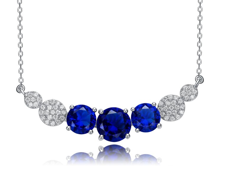 Sterling Silver With Blue Sapphire & Diamond Cubic Zirconia Chevron Pendant Necklace - Sliver/Blue