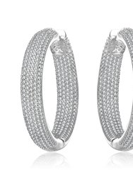 Sterling Silver with Clear Cubic Zirconia 10-Row French Pave Inside Out Large Tubular Hoop Earrings