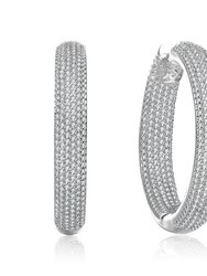 Sterling Silver with Clear Cubic Zirconia 10-Row French Pave Inside Out Large Tubular Hoop Earrings - White