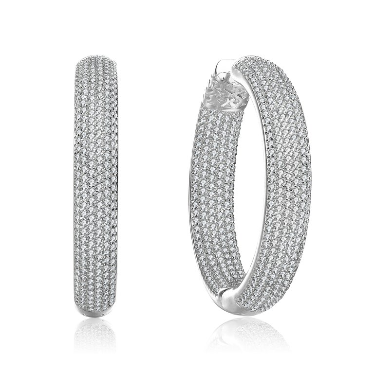 Sterling Silver with Clear Cubic Zirconia 10-Row French Pave Inside Out Large Tubular Hoop Earrings - White