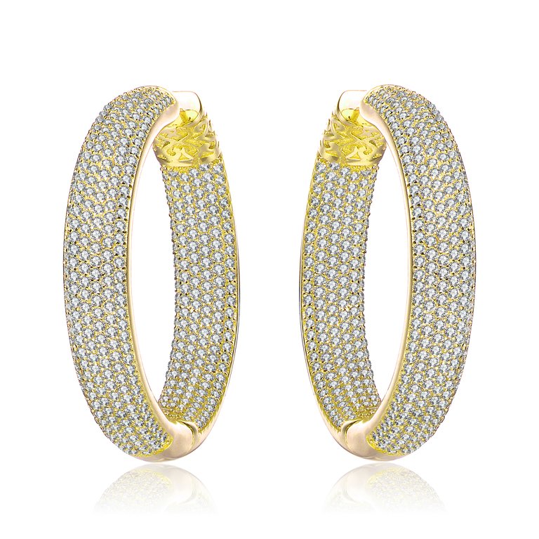 Sterling Silver with Clear Cubic Zirconia 10-Row French Pave Inside Out Large Tubular Hoop Earrings