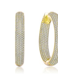 Sterling Silver with Clear Cubic Zirconia 10-Row French Pave Inside Out Large Tubular Hoop Earrings - Gold