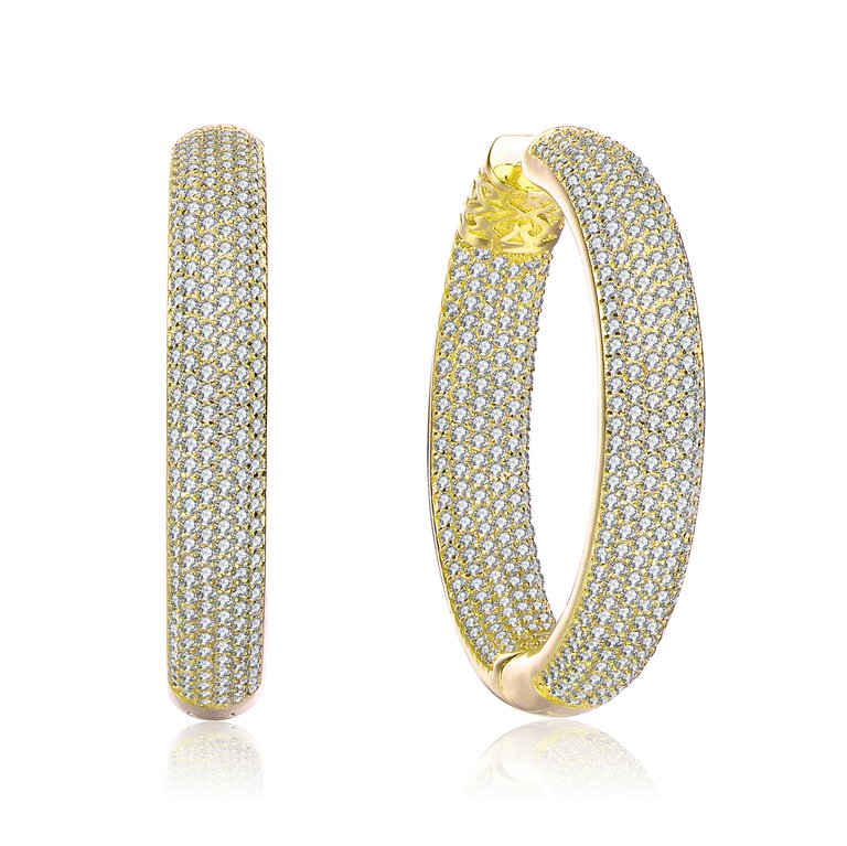 Sterling Silver with Clear Cubic Zirconia 10-Row French Pave Inside Out Large Tubular Hoop Earrings - Gold