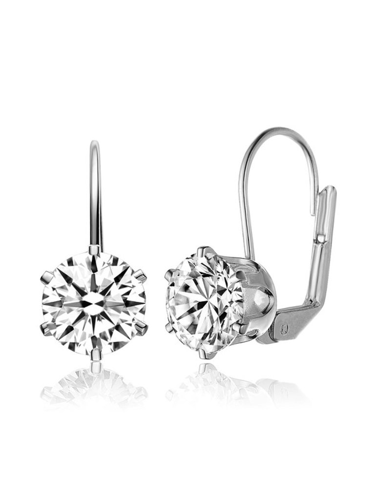 Sterling Silver With Clear Cubic Zirconia Classic Leverback Earrings - Silver