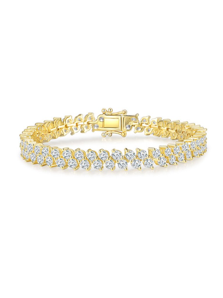 Sterling Silver With Clear Cubic Zirconia Icicle Cluster Double Row Tennis Bracelet - Gold