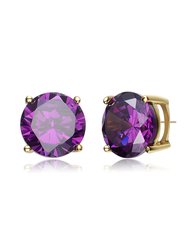 Sterling Silver With Colored Cubic Zirconia Solitaire Stud Earrings - Amethyst
