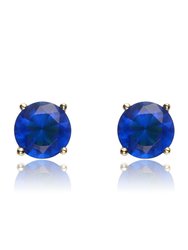 Sterling Silver With Colored Cubic Zirconia Solitaire Stud Earrings - Sapphire