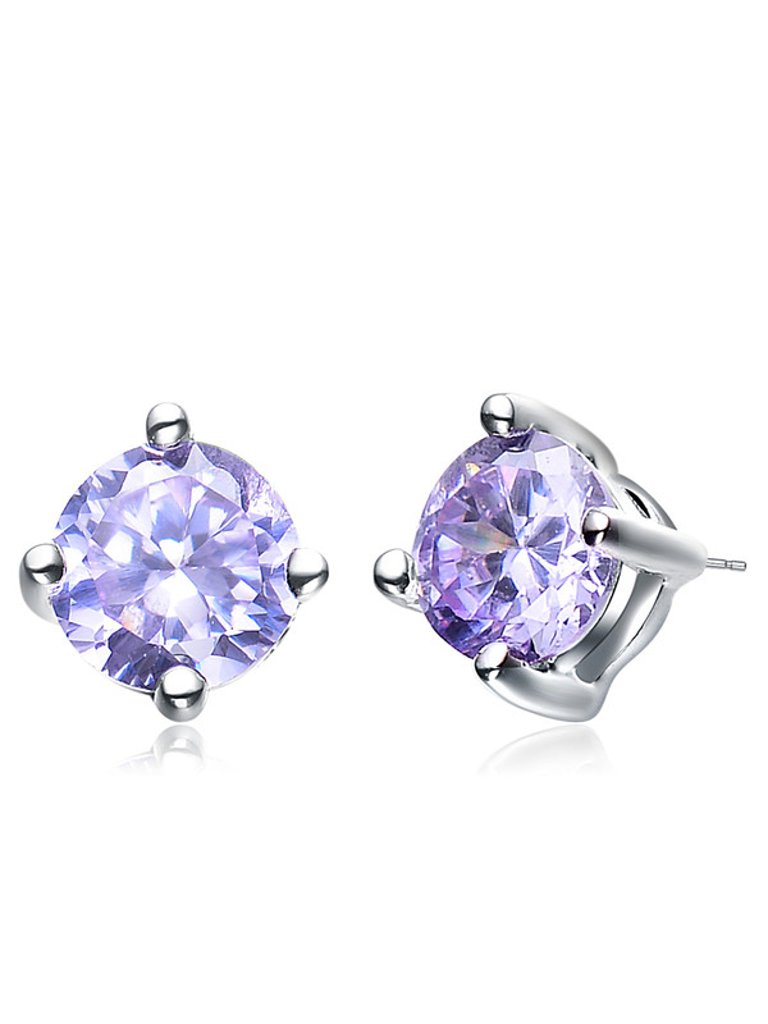 Sterling Silver With Colored Cubic Zirconia Solitaire Stud Earrings - Lavender