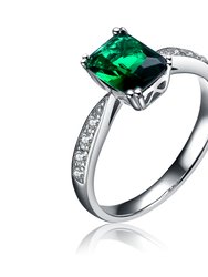Sterling Silver With Emerald & Diamond Cubic Zirconia Emerald Cut French Pave Ring - Silver/Green