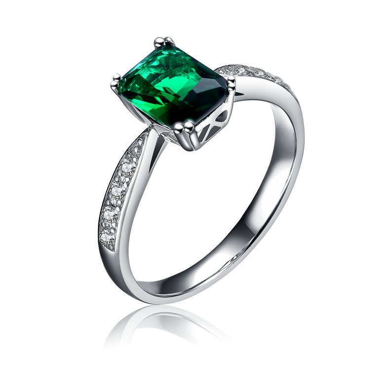 Sterling Silver With Emerald & Diamond Cubic Zirconia Emerald Cut French Pave Ring - Silver/Green