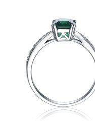 Sterling Silver With Emerald & Diamond Cubic Zirconia Emerald Cut French Pave Ring