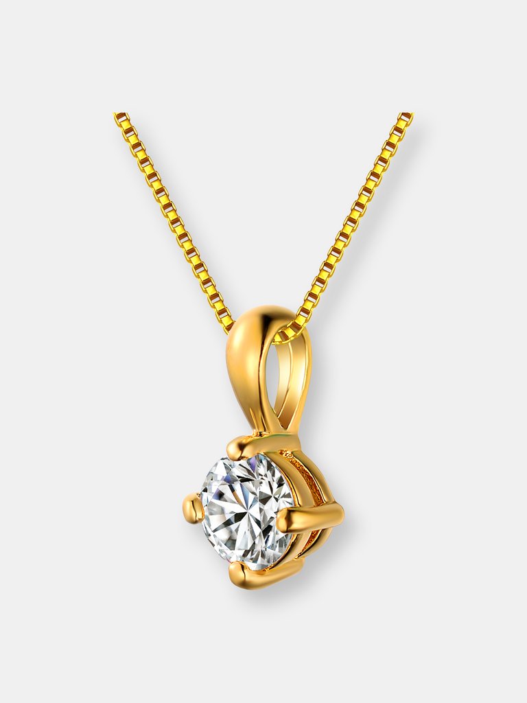 Sterling Silver With Gold Plated Clear Round Cubic Zirconia Solitaire Necklace