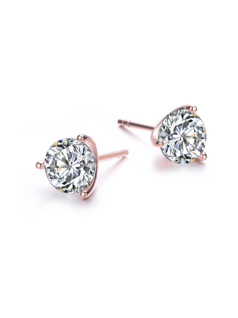 Sterling Silver With Martini Setting Clear Cubic Zirconia Solitaire Stud Earrings - Rose Gold