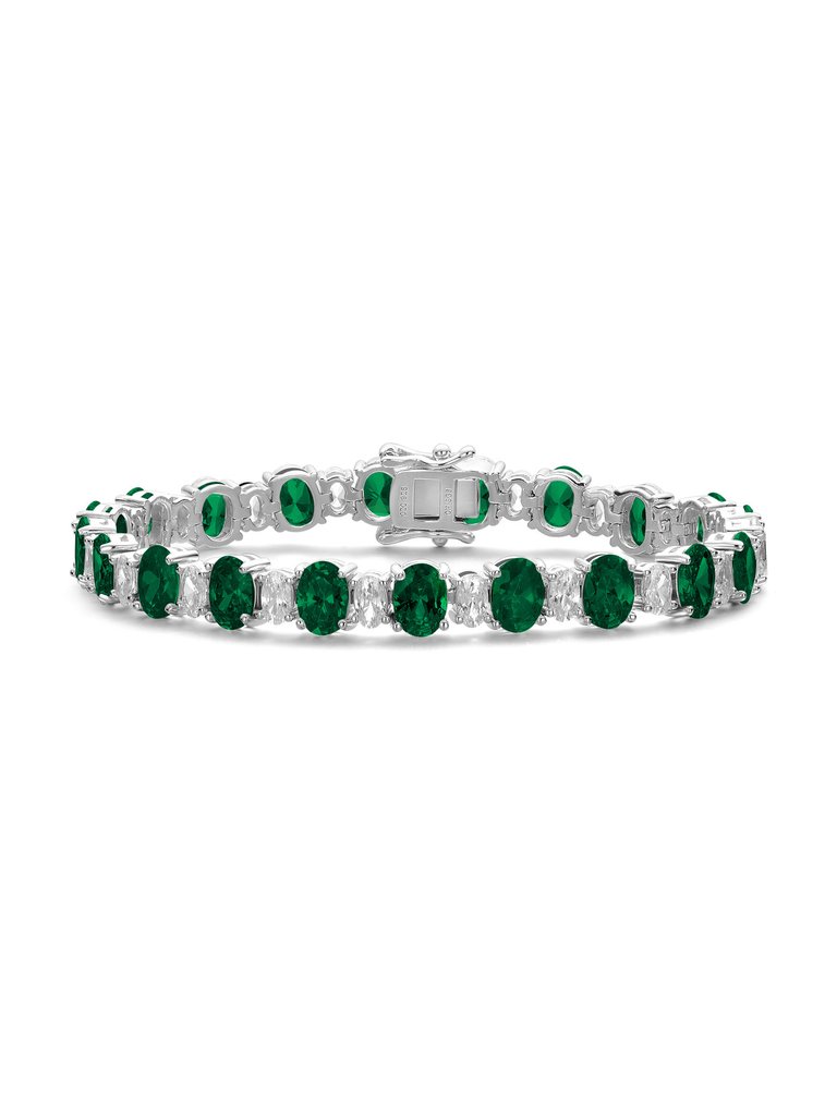 Sterling Silver with Oval Colored & Clear Cubic Zirconia Tennis Bracelet - Emerald