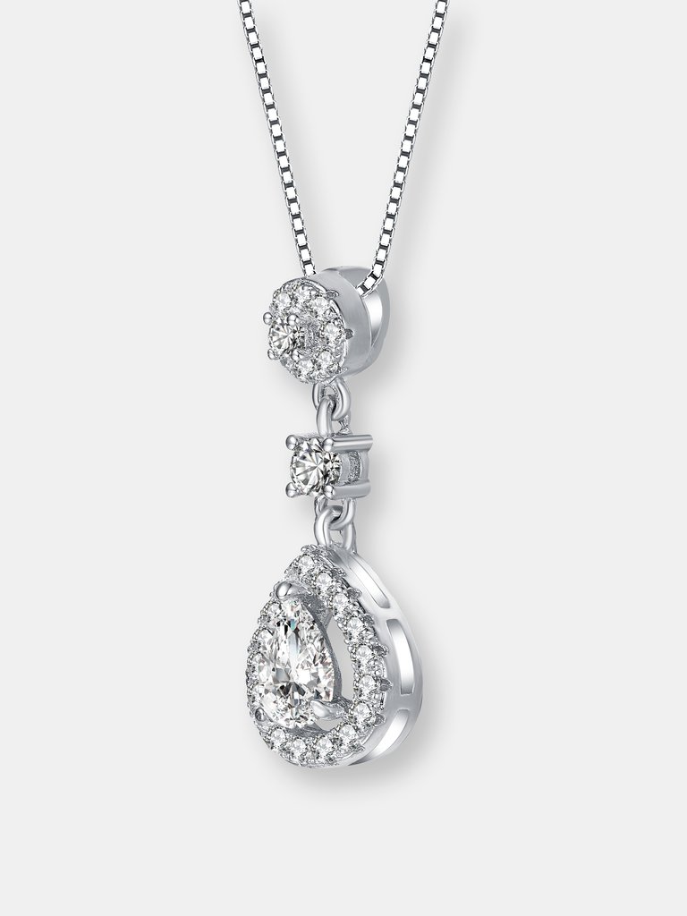 Sterling Silver With Rhodium Plated Pear And Round Cubic Zirconia Accent Drop Pendant Necklace