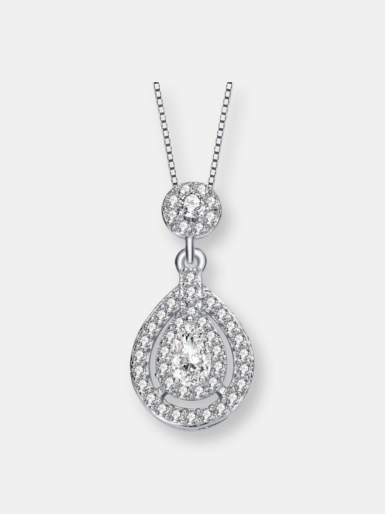 Sterling Silver With Rhodium Plated Pear And Round Cz Accent Drop Pendant Necklace - Silver