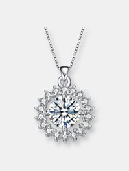 Sterling Silver With Rhodium Plated Round Cubic Zirconia Flower Style Pendant Necklace - Silver