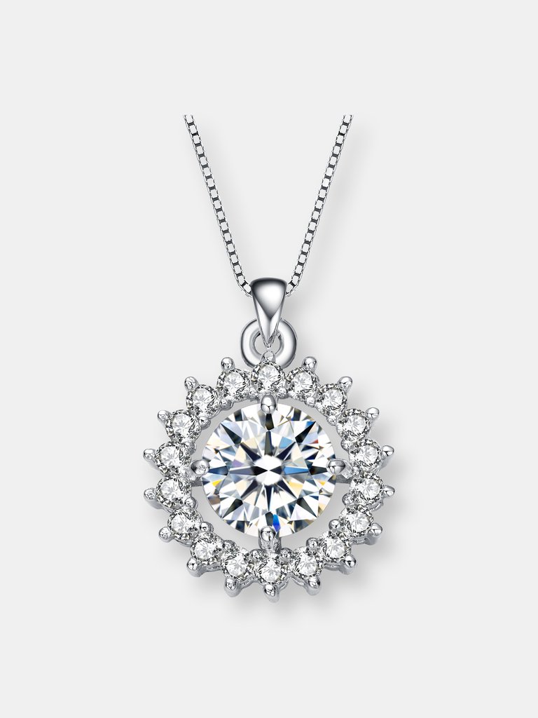 Sterling Silver With Rhodium Plated Round Cubic Zirconia Flower Style Pendant Necklace - Silver