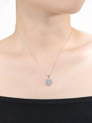 Sterling Silver With Rhodium Plated Round Cubic Zirconia Flower Style Pendant Necklace
