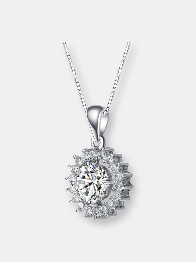 Sterling Silver With Rhodium Plated Round Cubic Zirconia Flower Style Pendant Necklace