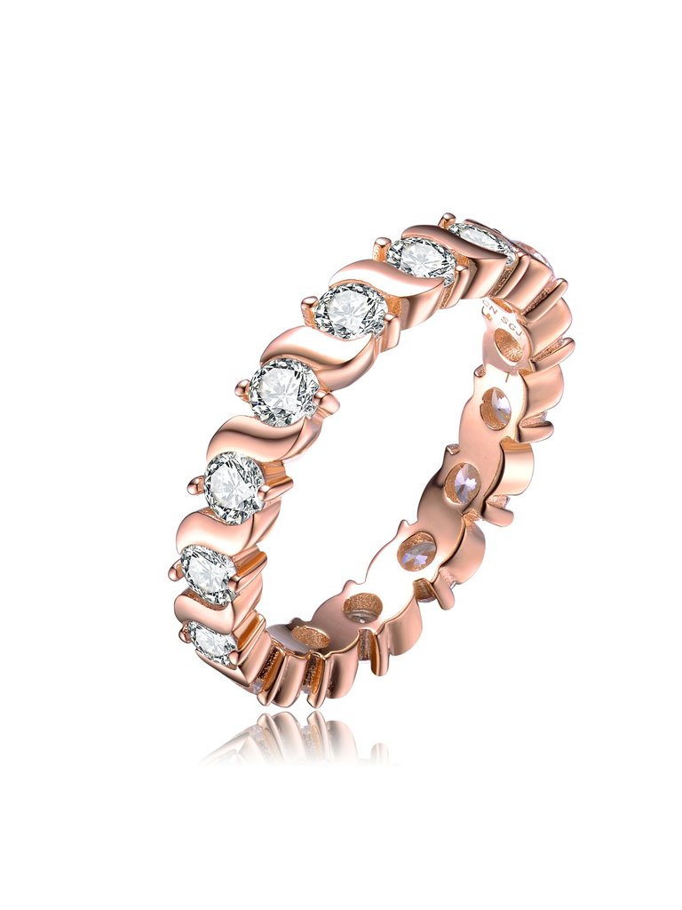 Sterling Silver With Rose Gold Plated Clear Cubic Zirconia Band Ring - Rose Gold