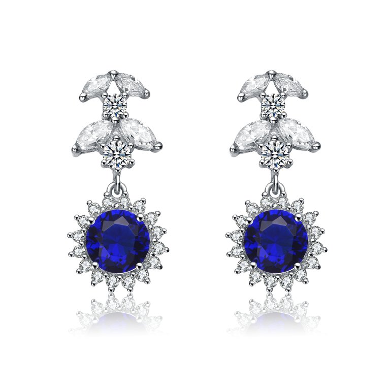Sterling Silver With Round Blue Sapphire & Diamond Cubic Zirconia Formal Dangle Drop Cluster Earrings - Sliver