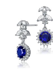 Sterling Silver With Round Blue Sapphire & Diamond Cubic Zirconia Formal Dangle Drop Cluster Earrings