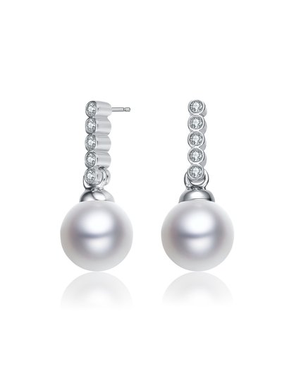 Genevive Sterling Silver With White Gold Plating With White Round Genuine Pearl With Clear Round Cubic Zirconia Drop Earrings product