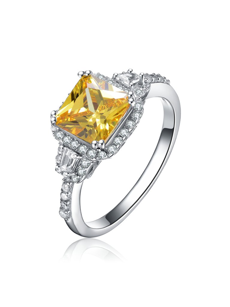 Sterling Silver Yellow Cubic Zirconia Halo Coctail  Ring - Yellow