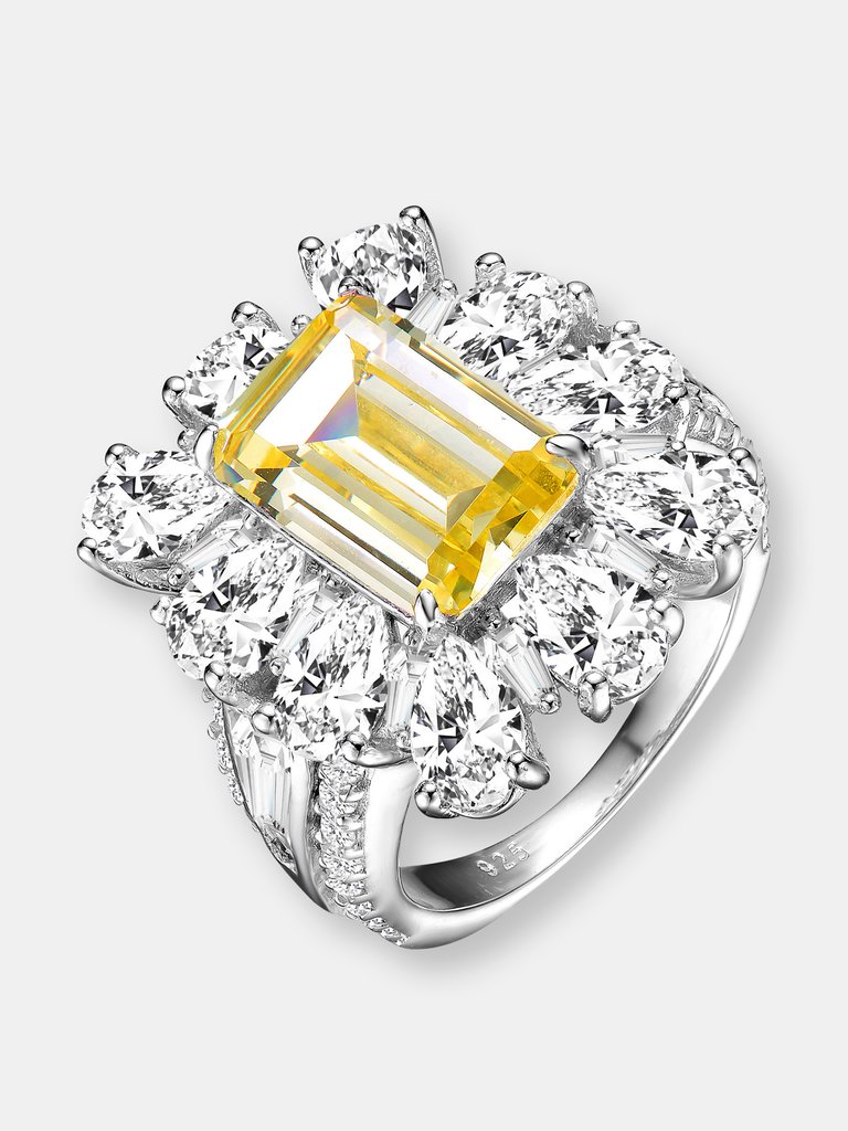 Sterling Silver Yellow Cubic Zirconia Halo Coctail Ring - Yellow